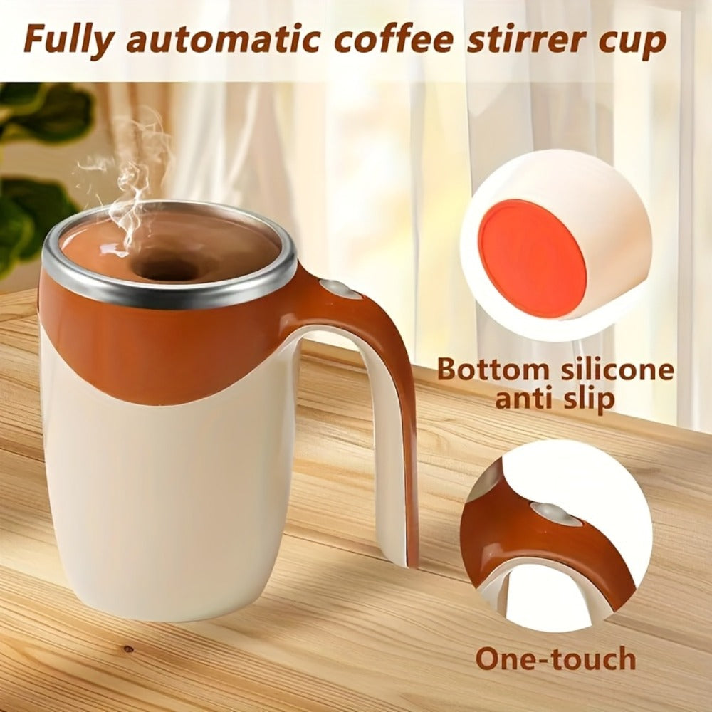 Self Stirring Coffee Mug with Magnetic Stirring Technology – 13.3oz Stainless Steel Travel Mug, No Battery Needed, Spill-Proof Lid & Ergonomic Handle, Reusable Coffee Cup Gift Set – White & Beige