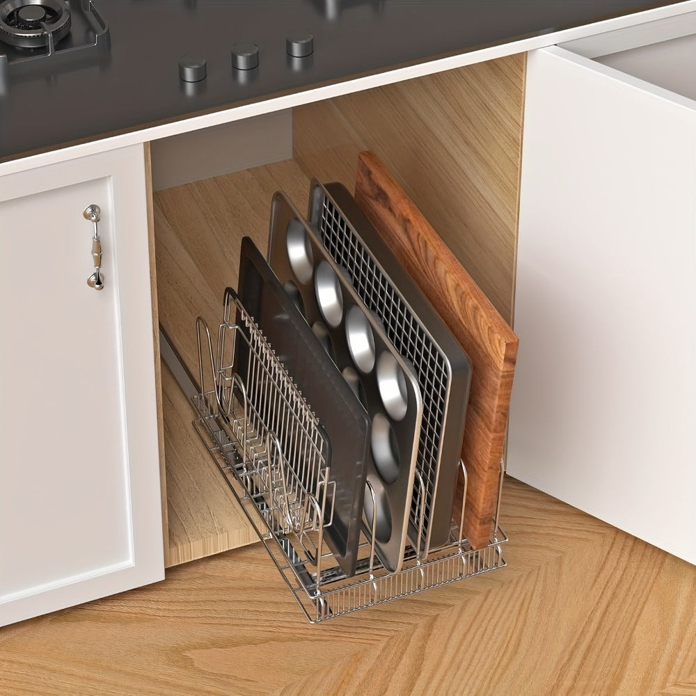 Kitchen Organizer, Cabinet Pot & Pan Organizer Rack 10 Adjustable Dividers, 11"W x 17.5"D x 8.3"H, Chrome Steel Kitchen Storage