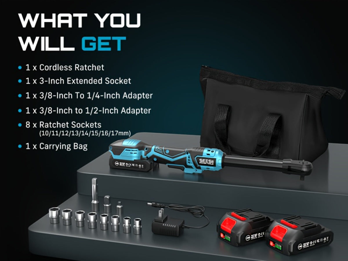 21V Power Ratchet Wrench Set 3/8'' Drive, 59 Ft-lbs 400 RPM Cordless Electric Ratchet, Variable Speed Trigger, 2x 2.0Ah Batteries & Charger, 8 Sockets, 3'' Extension Bar, 1/4'' & 1/2'' Adapter Included