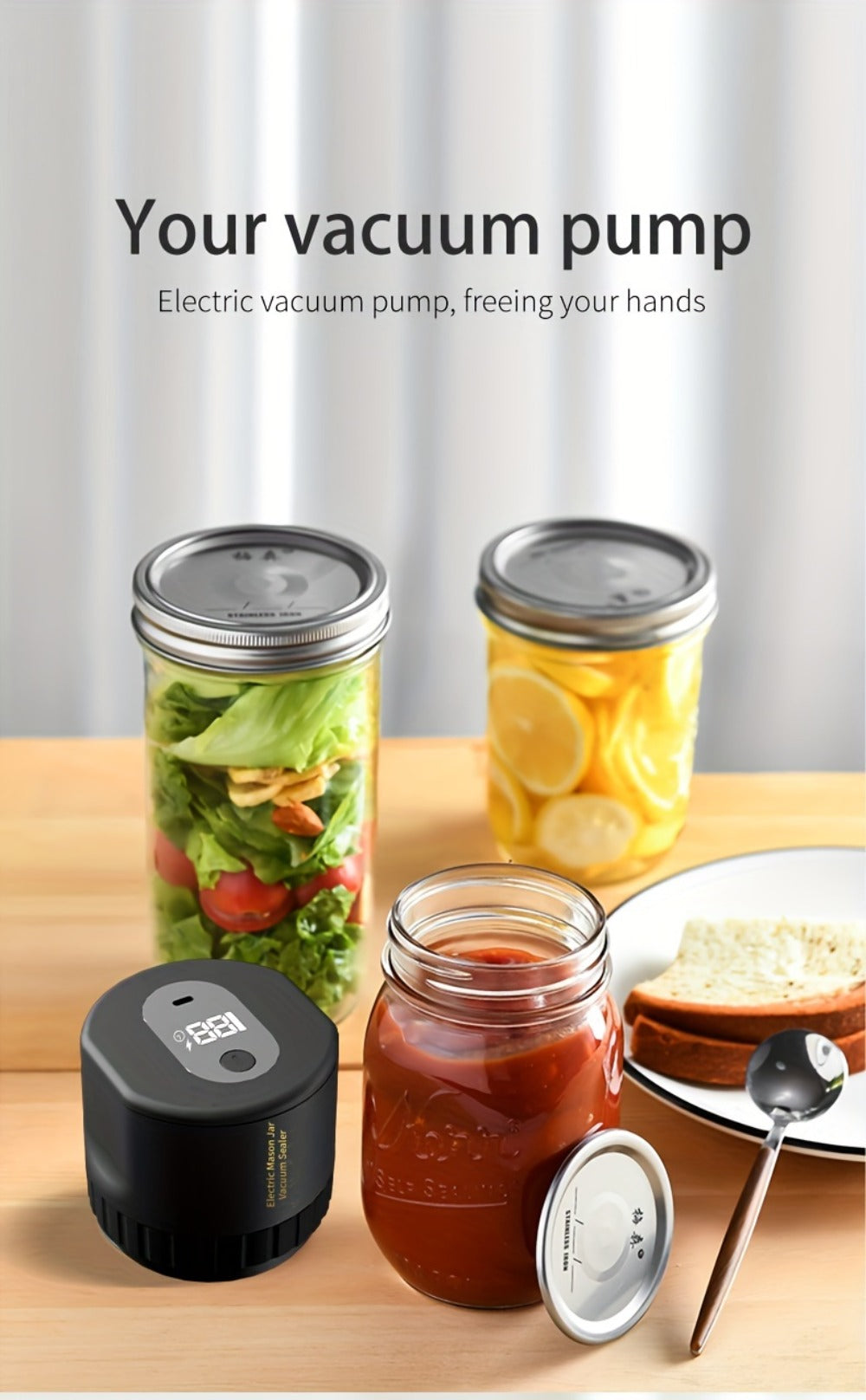 Electric Mason Jar Sealer One-Touch Vacuum Seal with Regular Mouth Lids