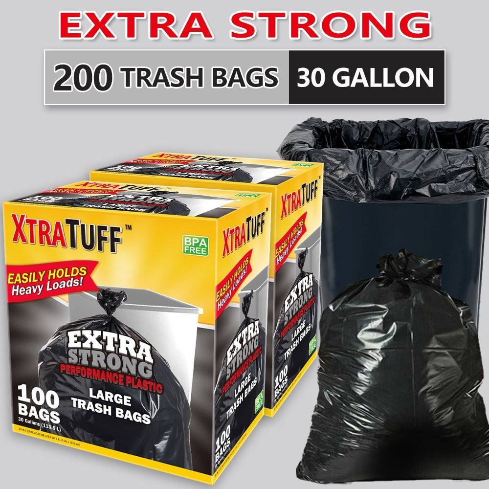 Trash Bags: 30 Gallon 200 Count, Black Large Garbage Bags, Ultra Strong Leak-Proof, 113.5L Heavy Duty Bags for Kitchen, Industrial