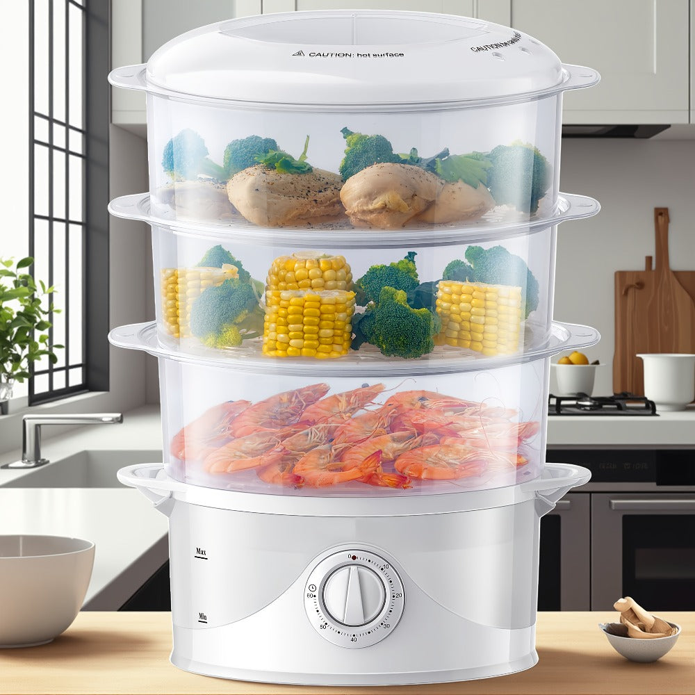 Electric Food Steamer 3-Tier 9.6QT Large Capacity, 800W Fast Cooking, 60-Min Timer, Boil-Dry Protection, Dishwasher Safe & BPA-Free