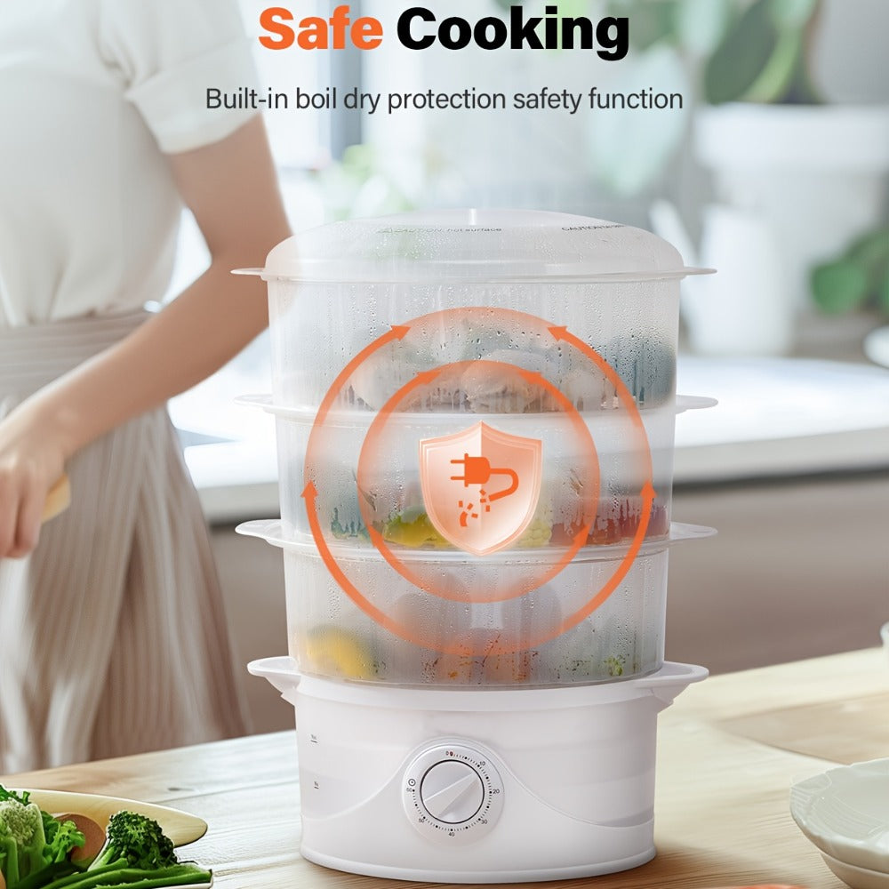 Electric Food Steamer 3-Tier 9.6QT Large Capacity, 800W Fast Cooking, 60-Min Timer, Boil-Dry Protection, Dishwasher Safe & BPA-Free