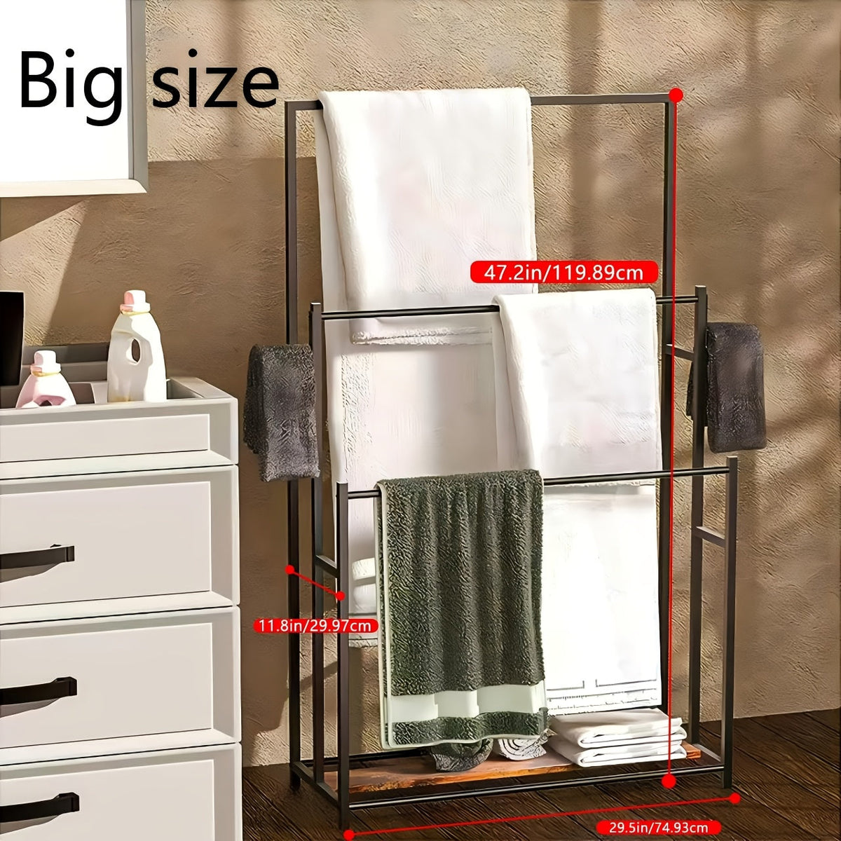 Towel Rack, Freestanding 47 Inch Tall 3-Tier Floor Standing Towel Holder for Bathroom Bedroom Pool Outdoor