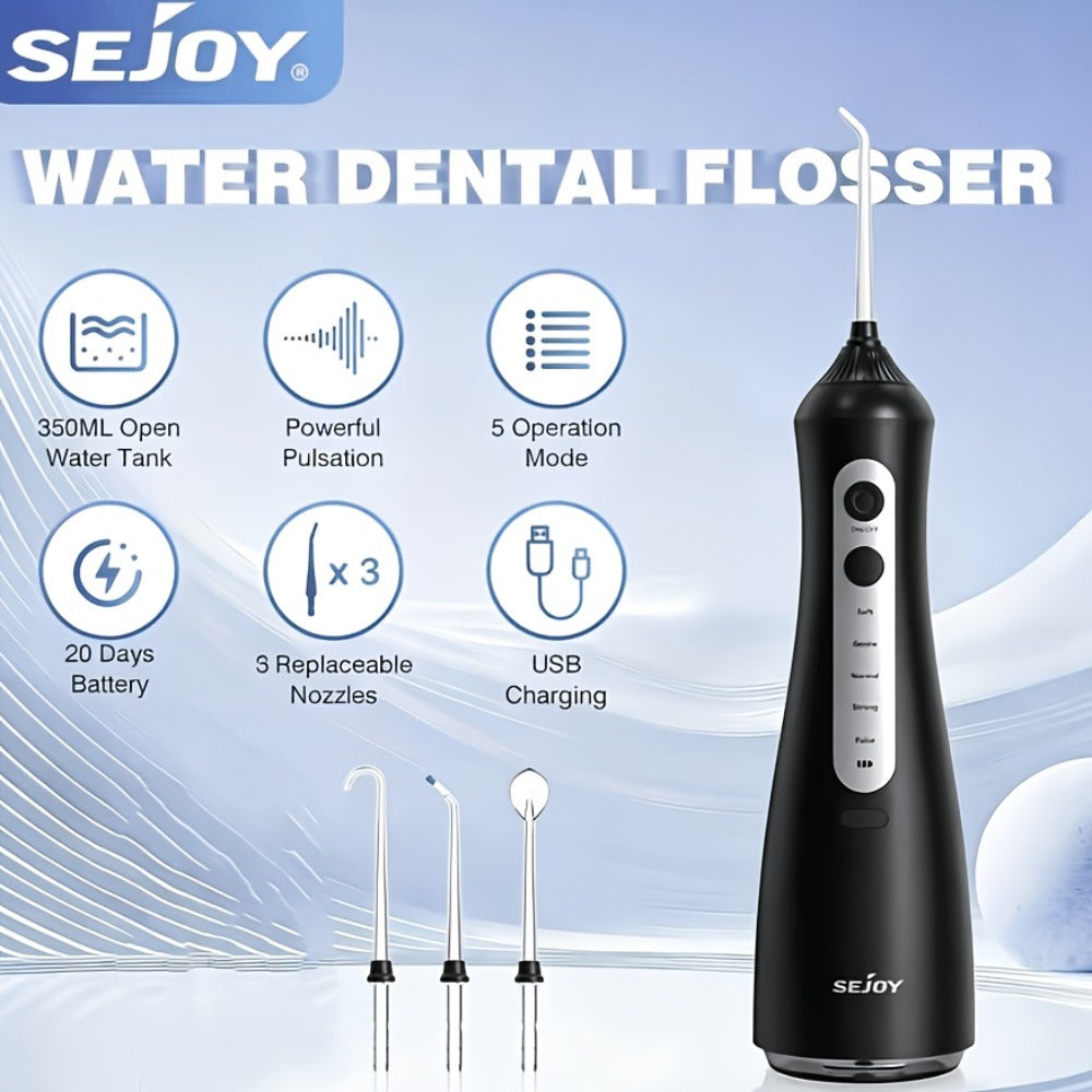 Water Flosser Electric Oral Irrigator 9 Replaceable Nozzles 350mL Tank 20-Day Battery 360° Rotatable Tip Intelligent Pressure Control Deep Teeth Gum Cleaning