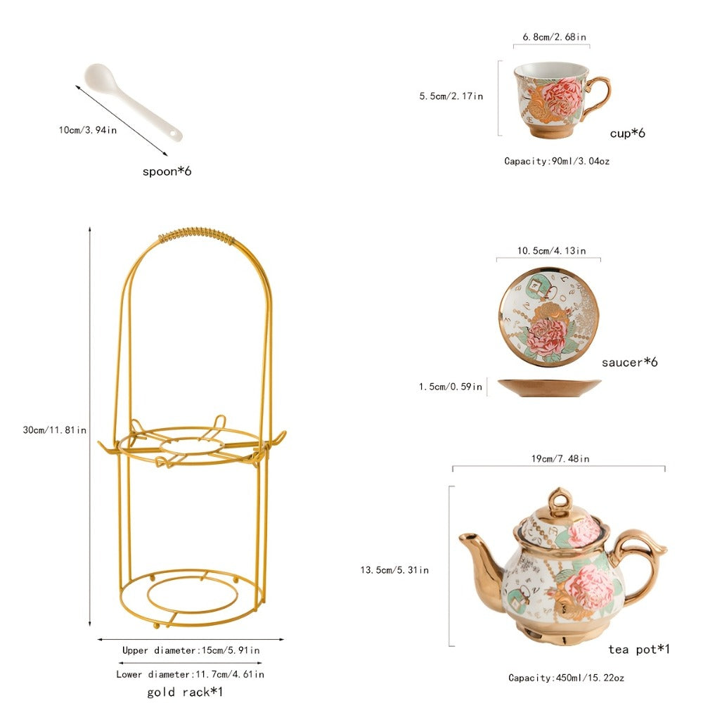 European Floral Ceramic Tea Set 20 Pcs – Italian Style Afternoon Tea Set with Metal Stand – Blooming Pattern Teapot & Cups – Elegant Gift for Tea Lovers & Special Occasions – Golden