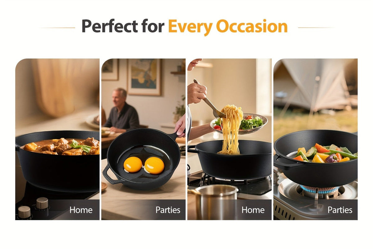 Cast Iron Dutch Oven & Frying Pan Set – Pre-Seasoned 2-in-1 Cookware, Deep Pan + Skillet for Stovetop, Induction, Oven, BBQ & Outdoor Cooking, Multi-Purpose Pots and Pans Set