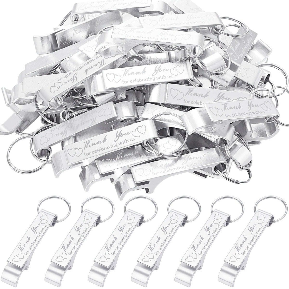 Bottle Opener Keychains Bulk 100 Pack - Aluminum Engraved Keychain Bottle Openers for Wedding Favors, Birthday Party, Graduation Gifts & Event Giveaways - Silver Bulk Party Favors for Guests