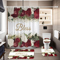 Rose Print Shower Curtain 4-Piece Bathroom Set – Toilet Lid Cover Mat Machine Washable with 12 Hooks Elegant Floral Decor