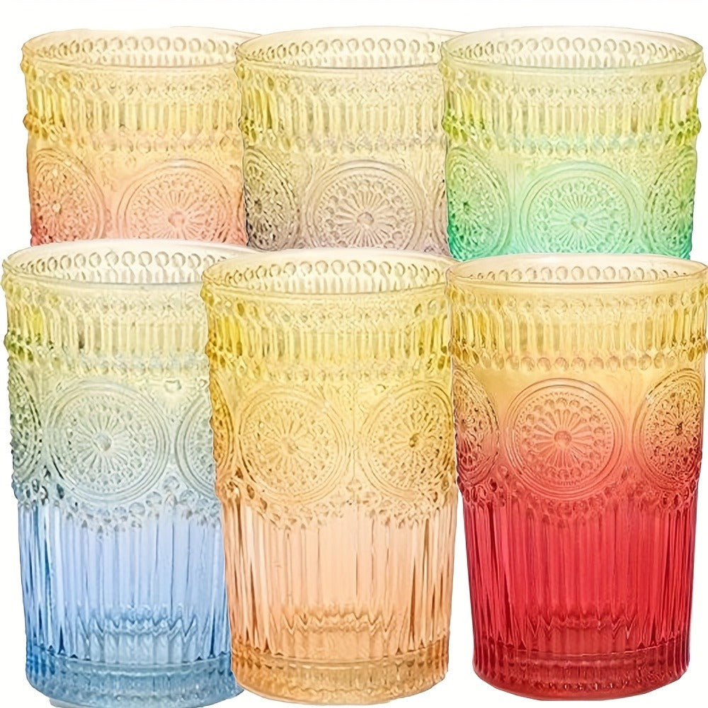 Vintage Drinking Glasses Set of 6 Colored Tumblers 14 oz – Embossed Geometric Pattern, 6 Muted Colors, for Water, Juice, Beer, Cocktails, Whiskey & Milk – Retro Barware Gift Set