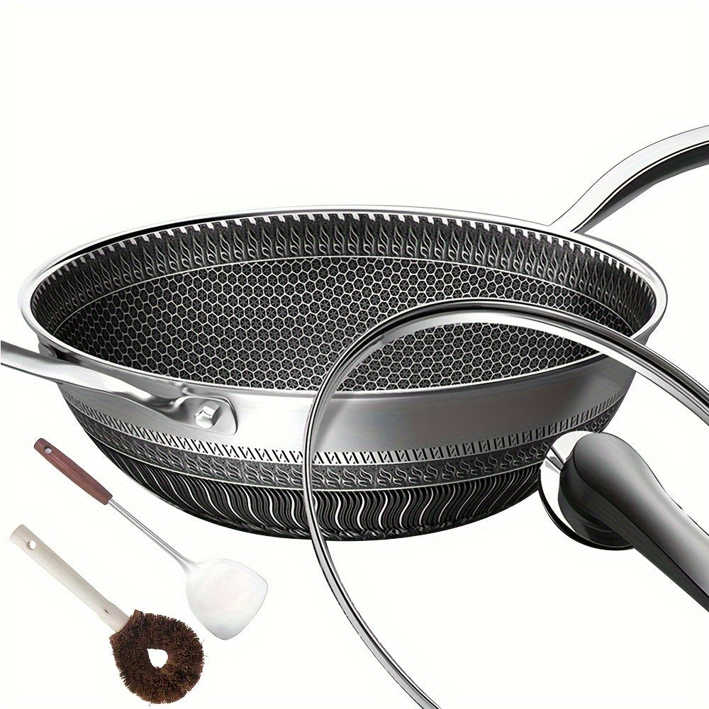 Non-Stick Stainless Steel Wok with Lid and Spatula, 13.3 Inch for Stir Fry