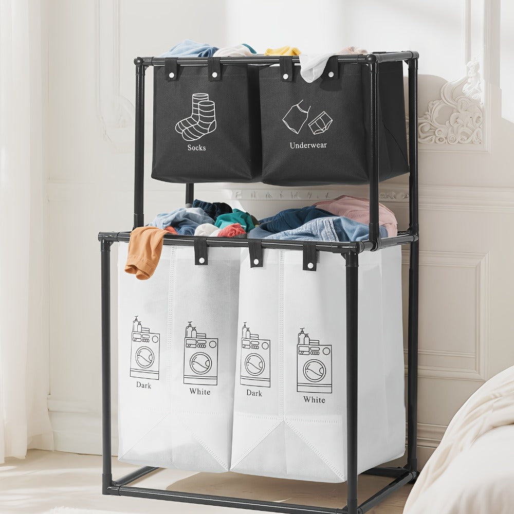 Laundry Sorter 2-Tier with Removable Bins - Collapsible Clothes Hamper Oxford Fabric Double Laundry Basket for Bedroom Bathroom Kids Adults Dorm Travel with 10 Cable Ties