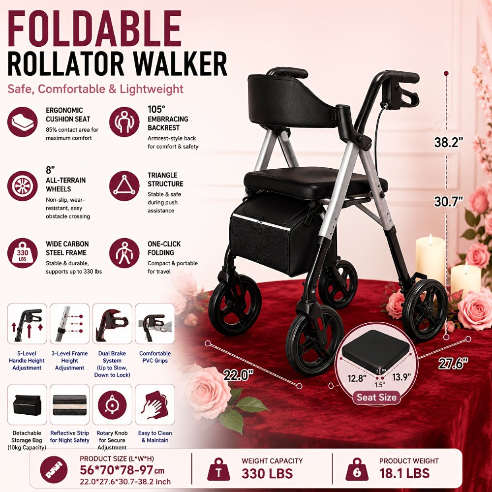 Rollator Walkers For Seniors with Ergonomic Backrest and Dual Adjustable Height