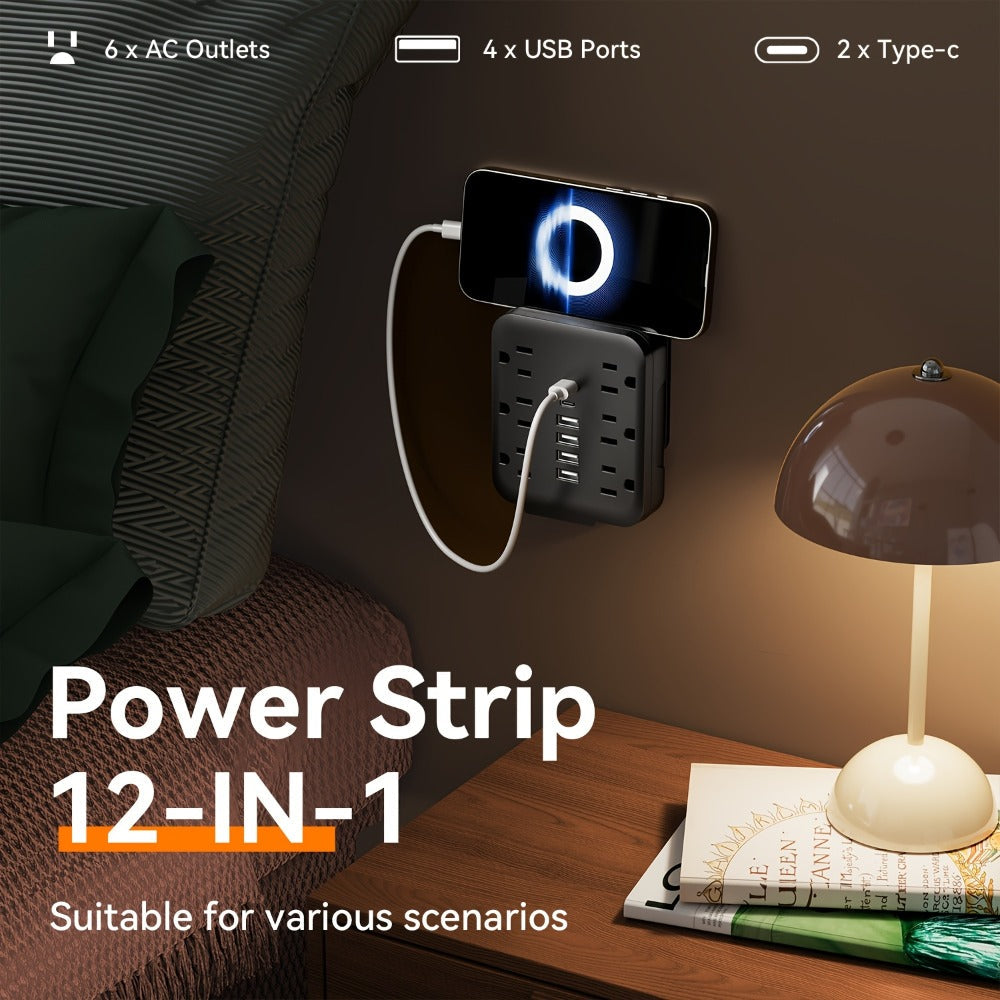 Power Strip, 6 AC Outlets & 6 USB Ports (2 USB-C) Compact Space-Saving Plug, 110-130V US Plug for Home & Office White & Black