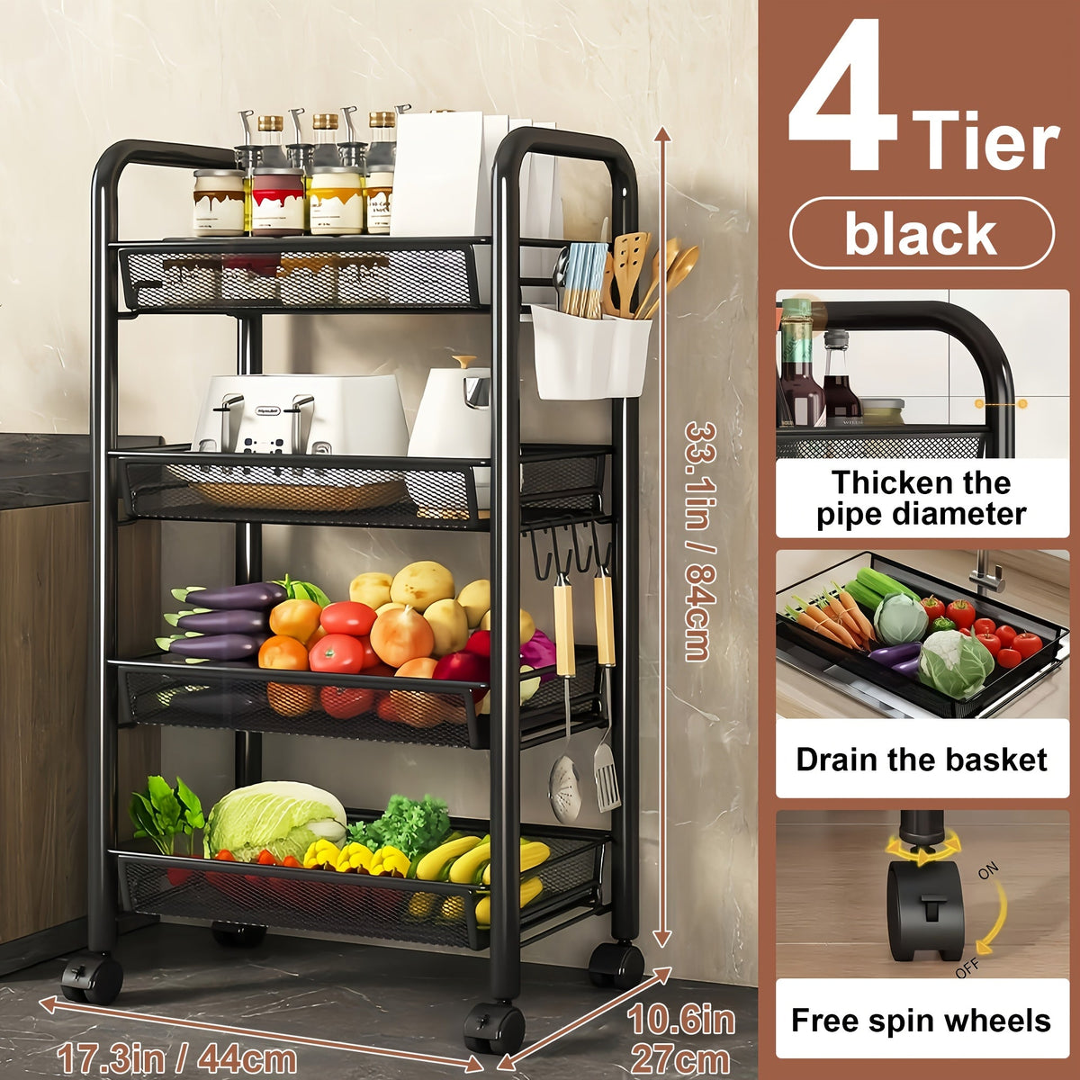 Storage Cart on Wheels in Carbon Steel for Kitchen and Bathroom (Space-Saving Detachable Shelving Unit)