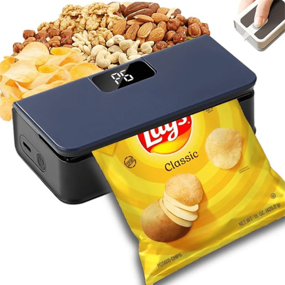 Portable Mini Bag Sealer USB Rechargeable – Handheld Food Sealer with Built-In Cutter for Fruits, Vegetables, Snacks & Chips – Compact Kitchen & Outdoor Picnic Sealing Tool, White & Blue