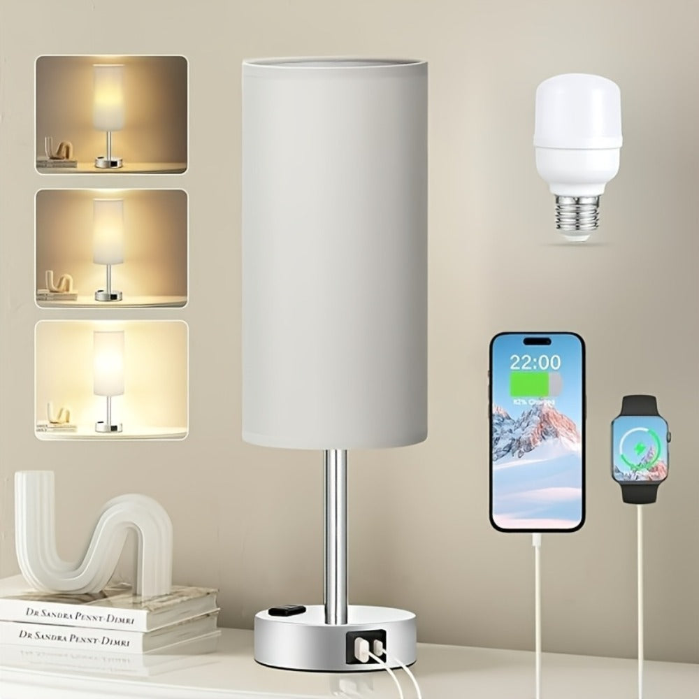 Table Lamp, Wood Base Round Burlap Shade, AC Outlet & A19 LED Bulb Included for Bedroom Living Room Office