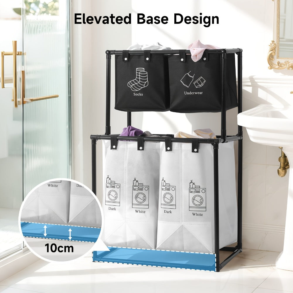 Laundry Sorter 2-Tier with Removable Bins - Collapsible Clothes Hamper Oxford Fabric Double Laundry Basket for Bedroom Bathroom Kids Adults Dorm Travel with 10 Cable Ties