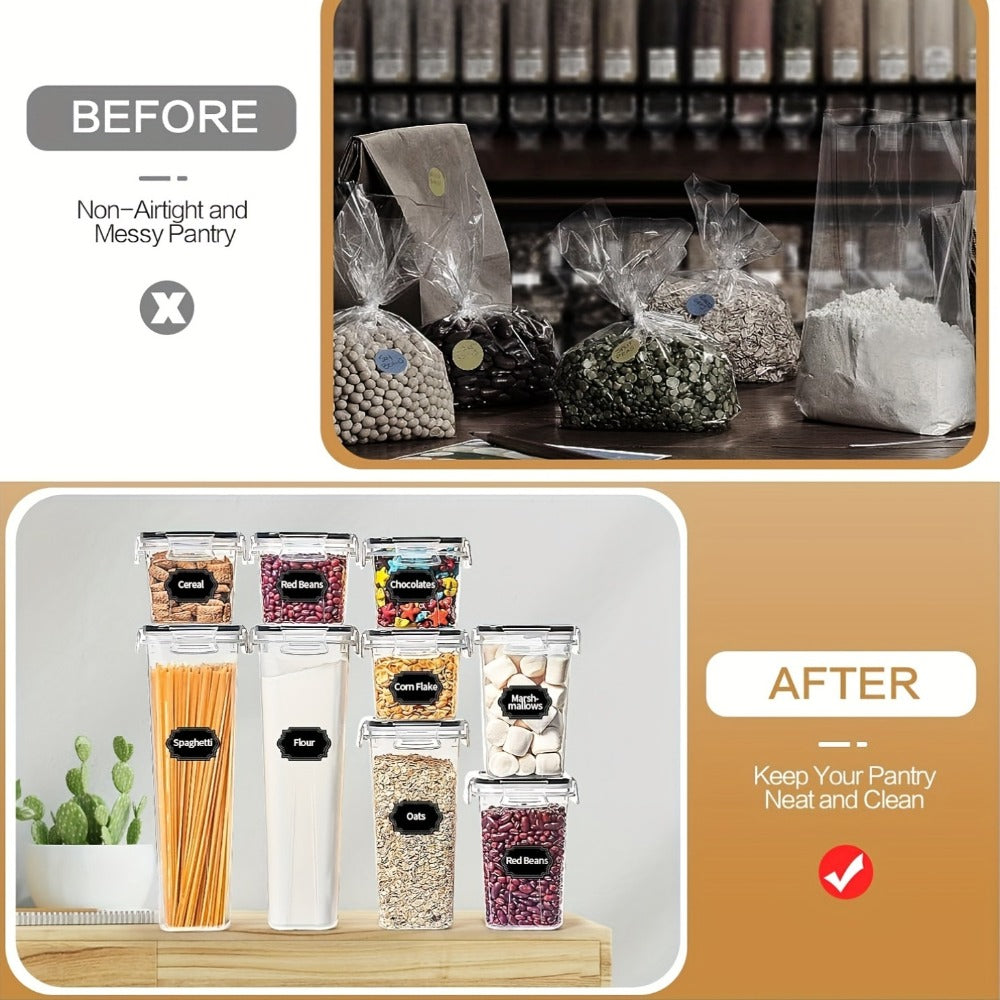Airtight Food Storage Containers, 32 Plastic Containers and 32 Airtight Snap Lids with Reusable Labels for Pantry Organization