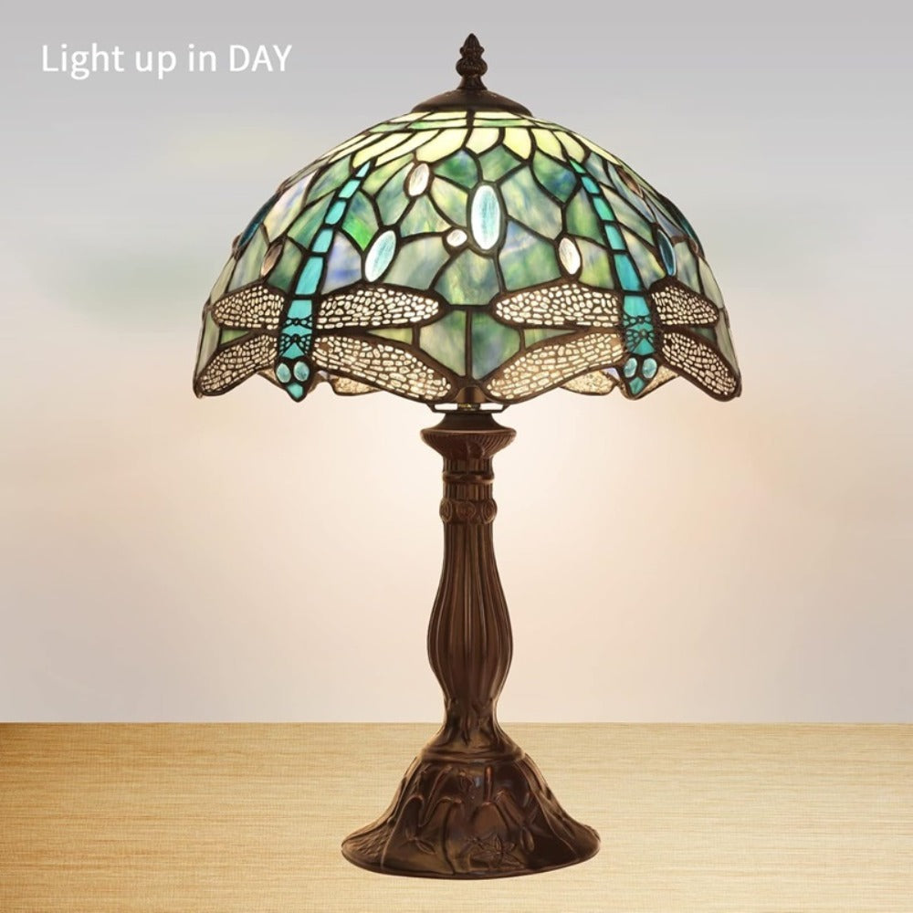 Table Lamp, Colorful Art Glass Shade, 18-Inch LED Night Light for Bedroom Nightstand Living Room Reading Desk Home Decor