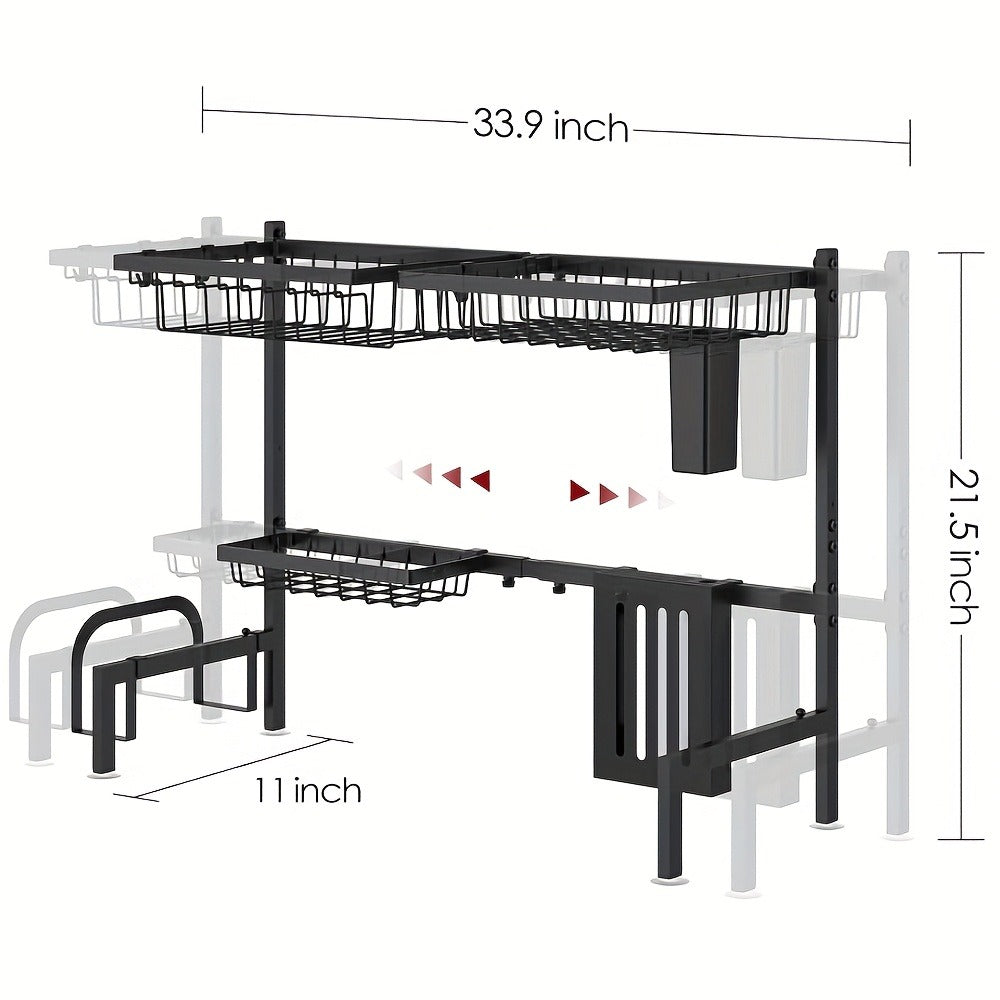 Over-the-Sink Dish Drying Rack, Adjustable Two-Tier 304 Stainless Steel Kitchen Organizer for 30 to 34-Inch Widths