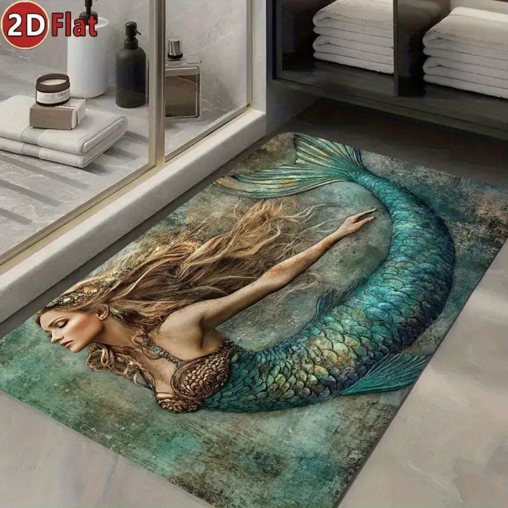 Diatomaceous Earth Bath Mat, Mermaid Non-Slip Quick-Dry Absorbent Bathroom Rug Teal Ocean Design for Bathroom Kitchen Living Room