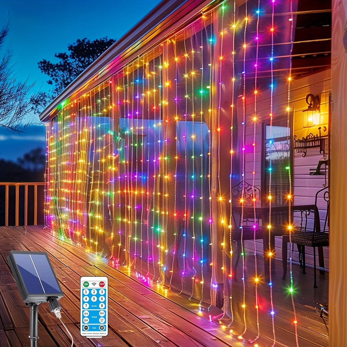 Outdoor String Lights, Solar Curtain Lights Outdoor 300 LED Waterfall Fairy String Lights, 1200mAh lithium rechargeable