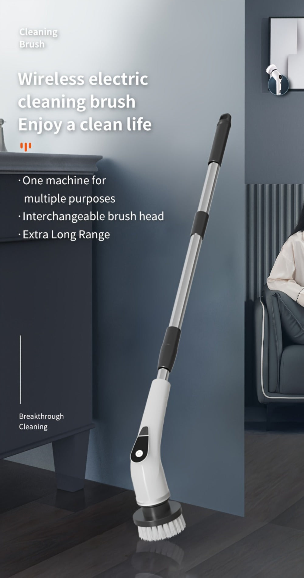 Scrubber with 9 Interchangeable Brush Heads 5 Speed Settings and 3 Extendable Handles