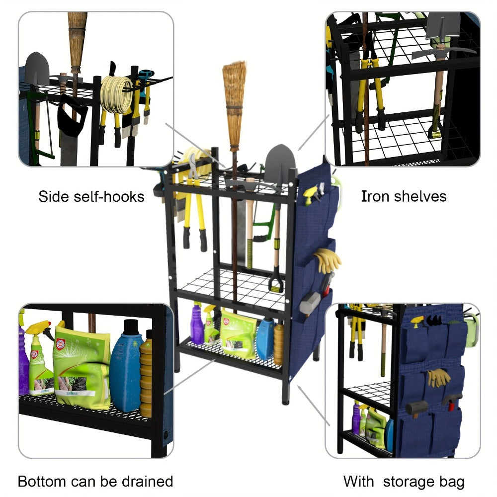 Tool Storage Rack, Storage Bag Metal Yard Tool Organizer for Garage Holds 35 Long-Handled Tools, Rake Stand Holder