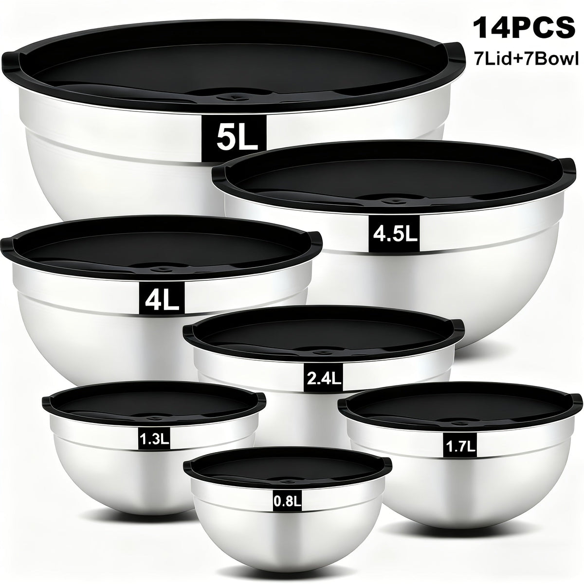 Stainless Steel Mixing Bowls with Airtight Lids Set of 14 Seven Nesting Bowls 0.7 to 4.5QT for Mixing Serving Salad Food Prep Kitchen Storage