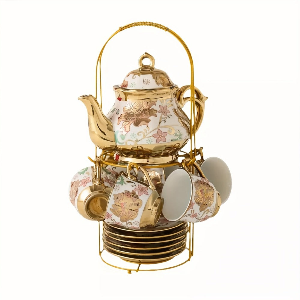 European Floral Ceramic Tea Set 20 Pcs – Italian Style Afternoon Tea Set with Metal Stand – Blooming Pattern Teapot & Cups – Elegant Gift for Tea Lovers & Special Occasions – Golden