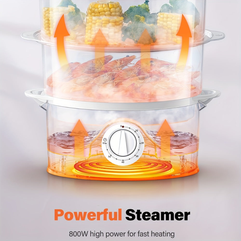 Electric Food Steamer 3-Tier 9.6QT Large Capacity, 800W Fast Cooking, 60-Min Timer, Boil-Dry Protection, Dishwasher Safe & BPA-Free