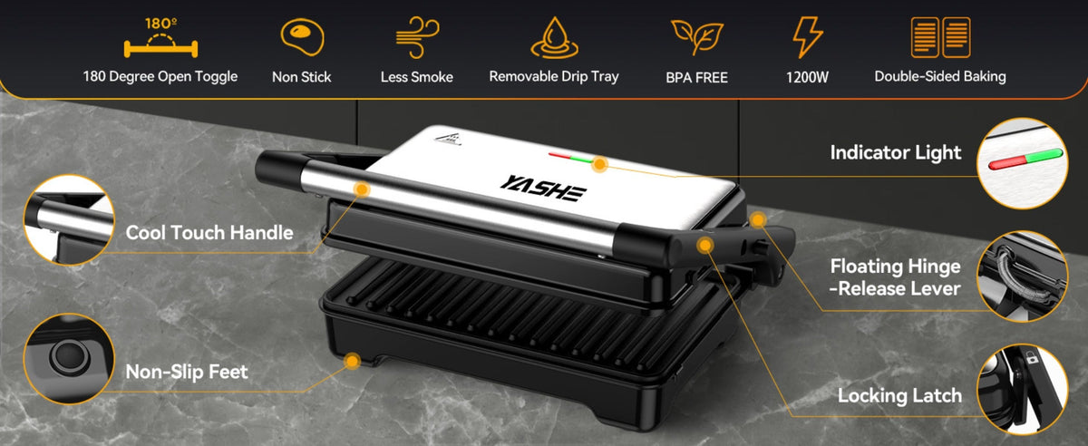 Sandwich Maker with Indicator Lights for Sandwiches Steaks Waffles