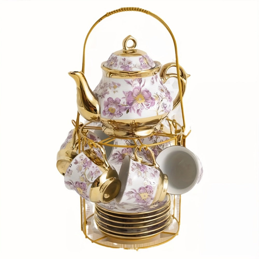 20-Piece Floral Ceramic Tea Set with Saucers & Metal Stand | European Afternoon Tea Service, Blooming Design, Complete Tea Accessories, Gift for Tea Lovers