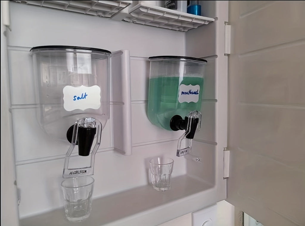 Mouthwash Dispenser with Wall Mounted 2-Pack 21 oz Plastic Container and Space Saving Bathroom Organizer for Countertop Storage