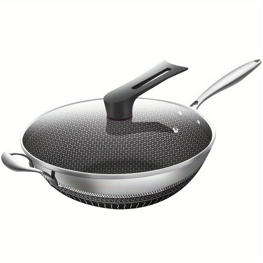 Non-Stick Stainless Steel Wok with Lid and Spatula, 13.3 Inch for Stir Fry