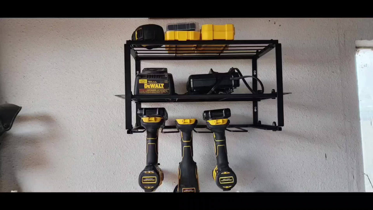 Power Drill Holder Wall Mount – Heavy Duty Tool Storage Rack with 3/4 Layer Floating Shelf | Cordless Drill Organizer | 4/6/8 Drill Holders Workshop Tool Rack for Garage & Workshop Organization