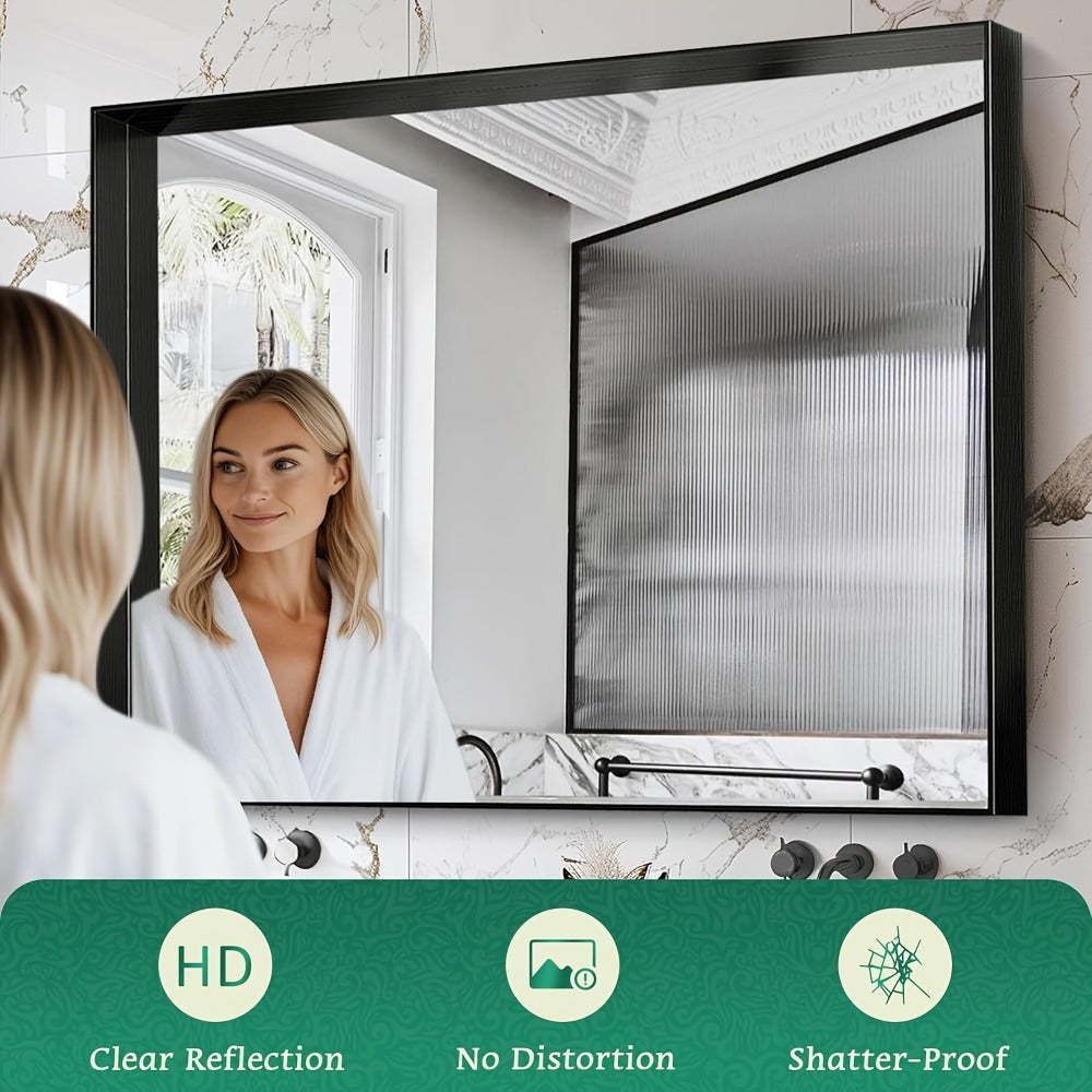 Bathroom Mirror with Rectangular Metal Frame, Horizontal or Vertical Wall Mounting in Three Finishes