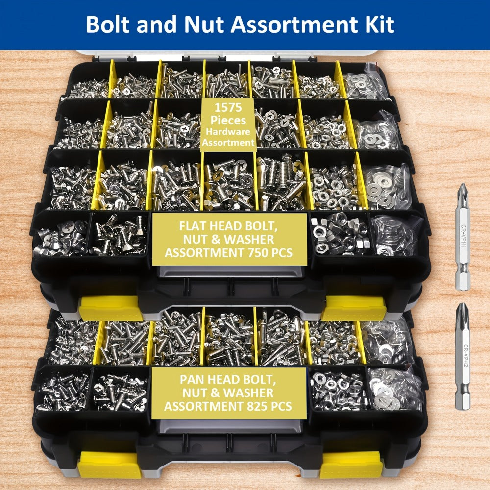 1575pcs 304 Stainless Steel Nuts and Bolts Assortment Kit – Pan Head Flat Head Screws Nuts Washers with Double-Sided Storage Box for Home & Mechanical Repairs