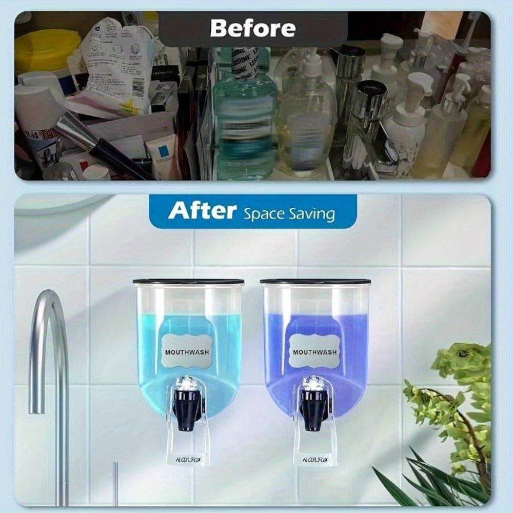 Mouthwash Dispenser with Wall Mounted 2-Pack 21 oz Plastic Container and Space Saving Bathroom Organizer for Countertop Storage