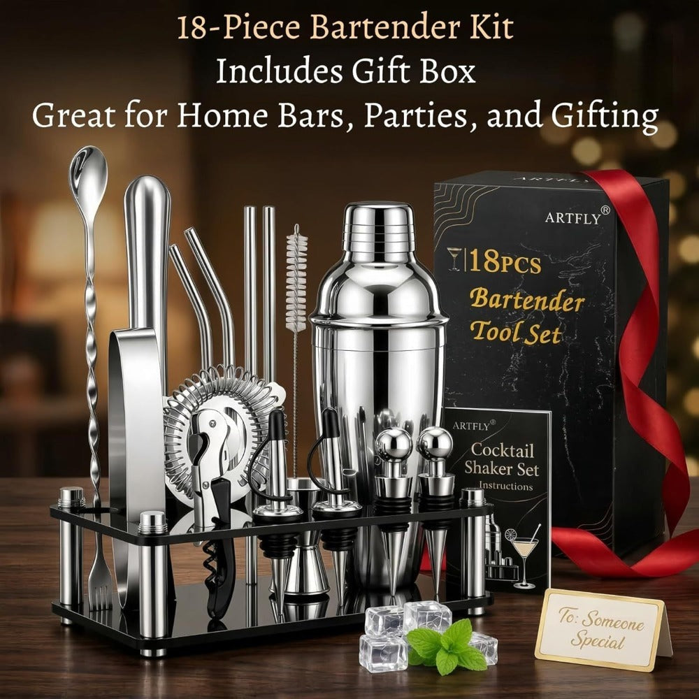 Bartender Kit 18-Piece with Acrylic Stand, 18/8 Stainless Steel Bar Set, Martini Shaker, Jigger, Muddler & Recipe Book – Complete Home Bar Tool Set