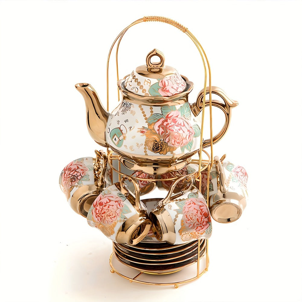 European Floral Ceramic Tea Set 20 Pcs – Italian Style Afternoon Tea Set with Metal Stand – Blooming Pattern Teapot & Cups – Elegant Gift for Tea Lovers & Special Occasions – Golden