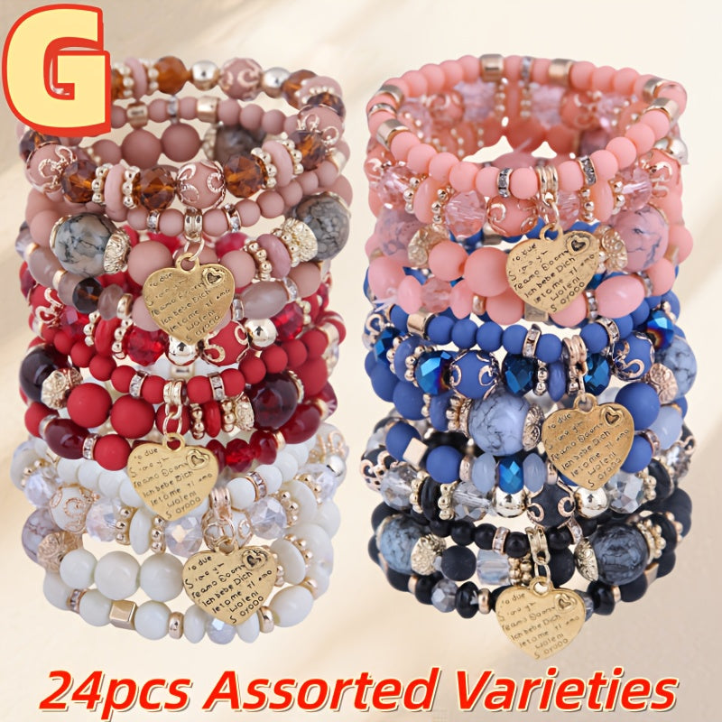 Bohemian Beaded Bracelet Set 24pcs – Multi-Layer Wooden Bead Elastic Bracelets with Butterfly Elephant Tree Pendant, Handmade Colorful Tassel Wristbands for Women Men, Party Gift & Daily Wear
