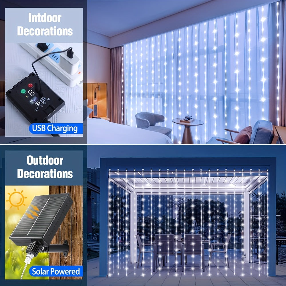 Outdoor String Lights, Solar Curtain Lights Outdoor 300 LED Waterfall Fairy String Lights, 1200mAh lithium rechargeable