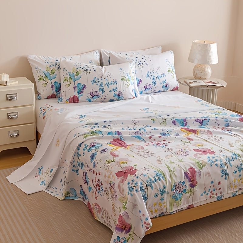 Floral Bedding Set 4-Piece – 1 Fitted Sheet + 1 Flat Sheet + 2 Pillowcases | Soft Breathable Polyester | All-Season Flower Print Bed Sheet Set | Machine Washable | Twin Full Queen King