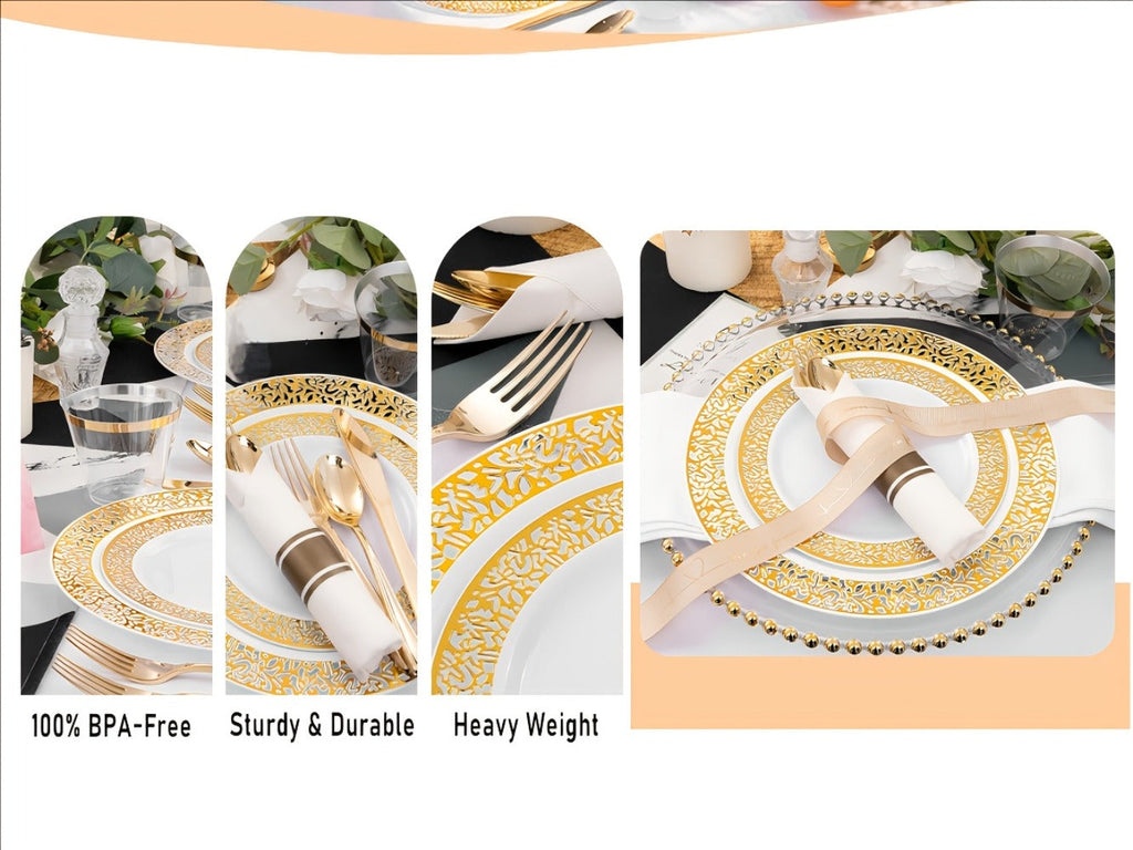Gold Disposable Dinnerware Set for 50 Guests 350pcs – Includes Dinner Plates, Dessert Plates, 9oz Cups with Gold Rim, Pre-Rolled Napkins & Gold Cutlery | Perfect for Wedding, Party & Holiday Celebration