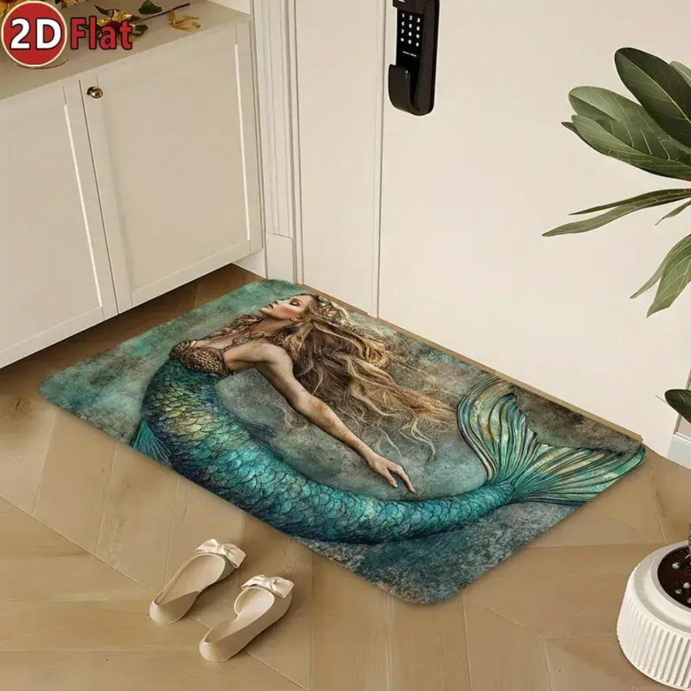 Diatomaceous Earth Bath Mat, Mermaid Non-Slip Quick-Dry Absorbent Bathroom Rug Teal Ocean Design for Bathroom Kitchen Living Room