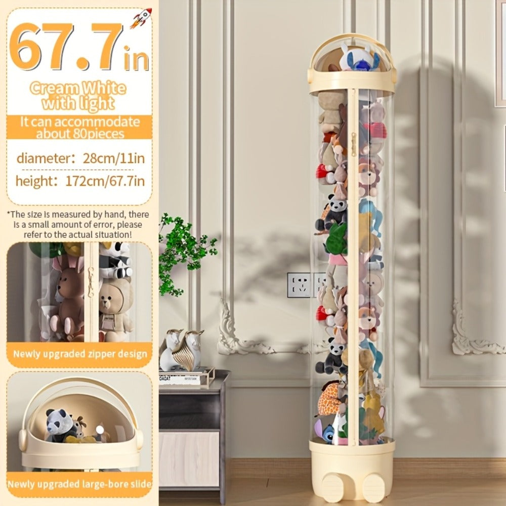 Stuffed Animal Storage Bin Transparent Cylindrical with Zipper – Large Plush Toy Organizer for Kids Bedroom Living Room – Clear Doll Storage Bag Easy Assembly