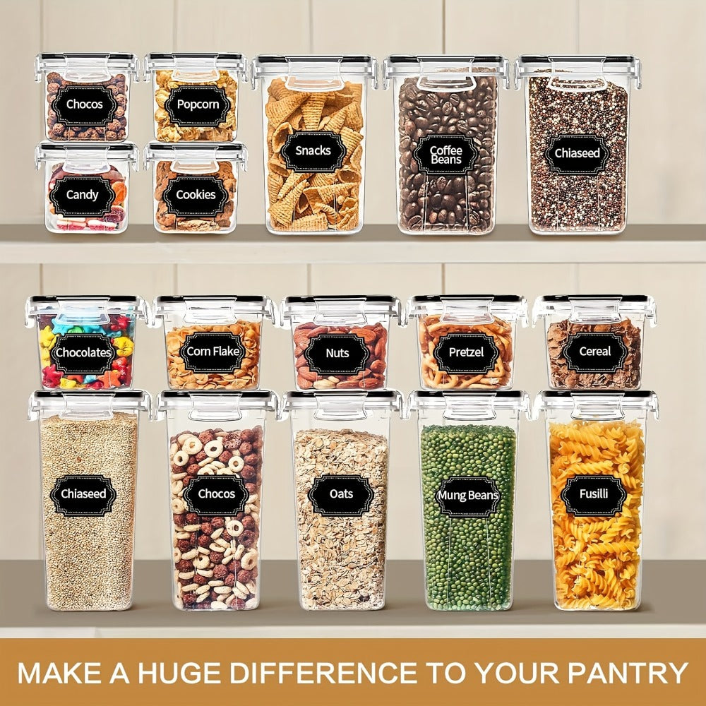 Airtight Food Storage Containers, 32 Plastic Containers and 32 Airtight Snap Lids with Reusable Labels for Pantry Organization
