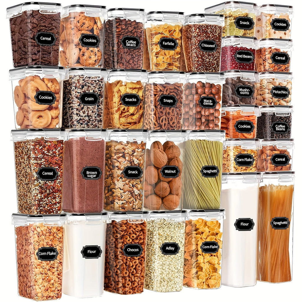 Airtight Food Storage Containers, 32 Plastic Containers and 32 Airtight Snap Lids with Reusable Labels for Pantry Organization